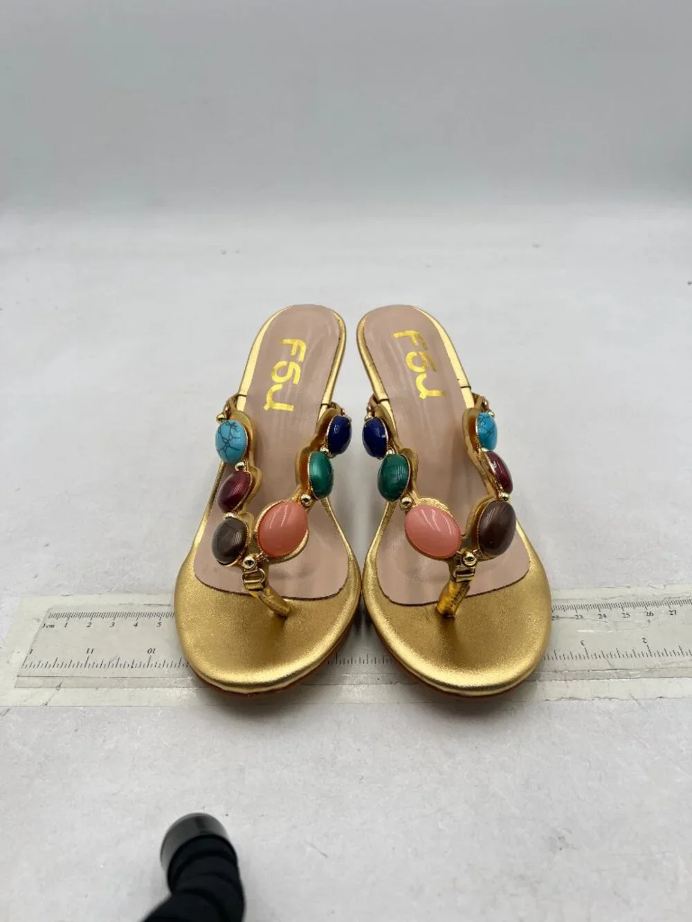 FSJ Gold Jewelled Open Toe Flip Flop Thin High Heel Slip on Thong Sandals